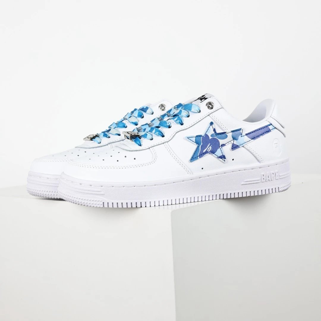 BAPE White Leather Sneakers Blue Star Gradient Laces Shoes