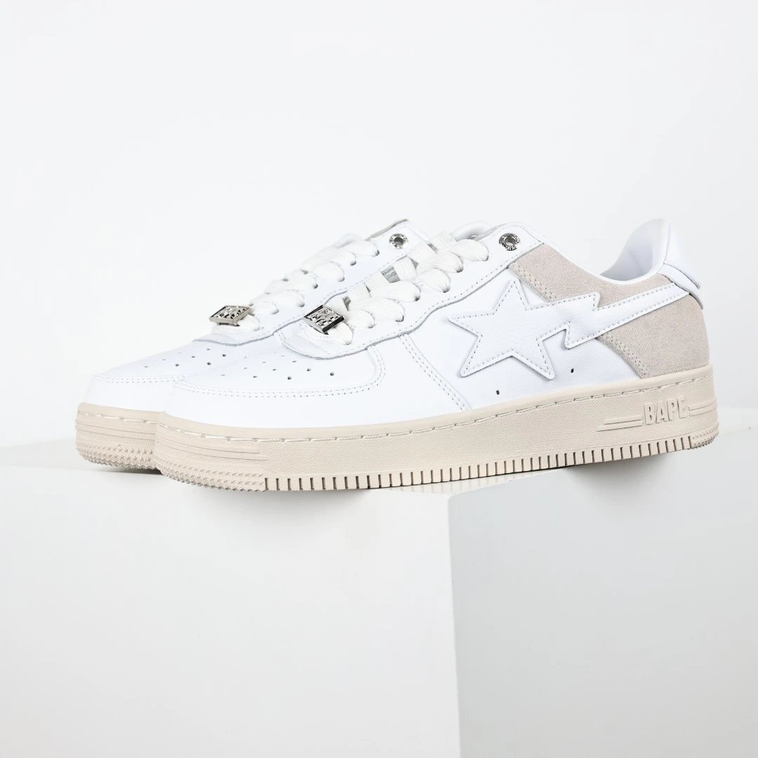 BAPE White Beige Star Leather Sneakers