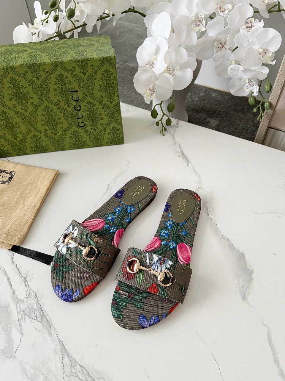 Gucci Floral Print Women Slide Sandals Horsebit