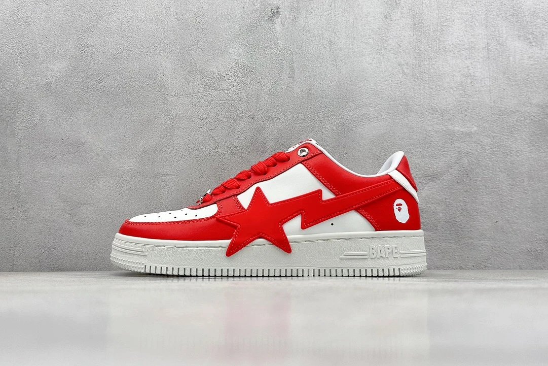 BAPE Red White Leather Star Sneakers Streetwear Shoes