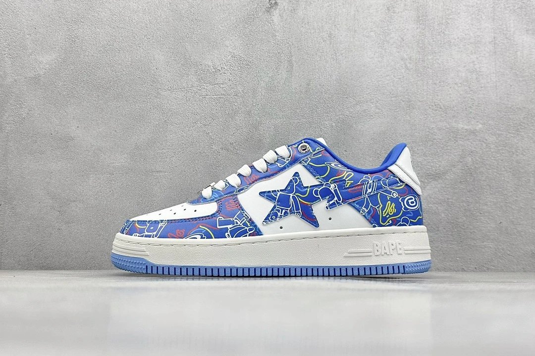 Bape Blue Graffiti Star Leather Streetwear Sneakers