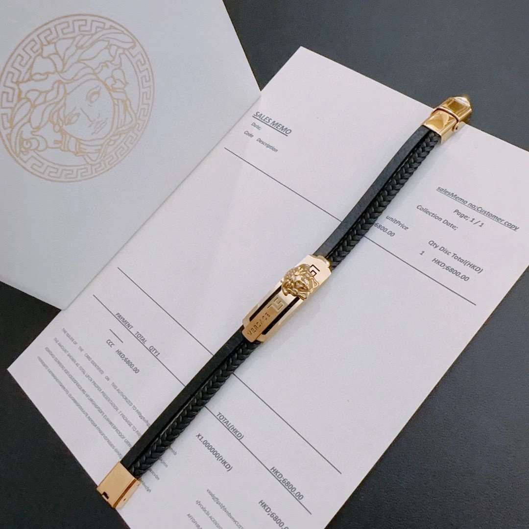Versace Black Leather Medusa Gold Bracelet