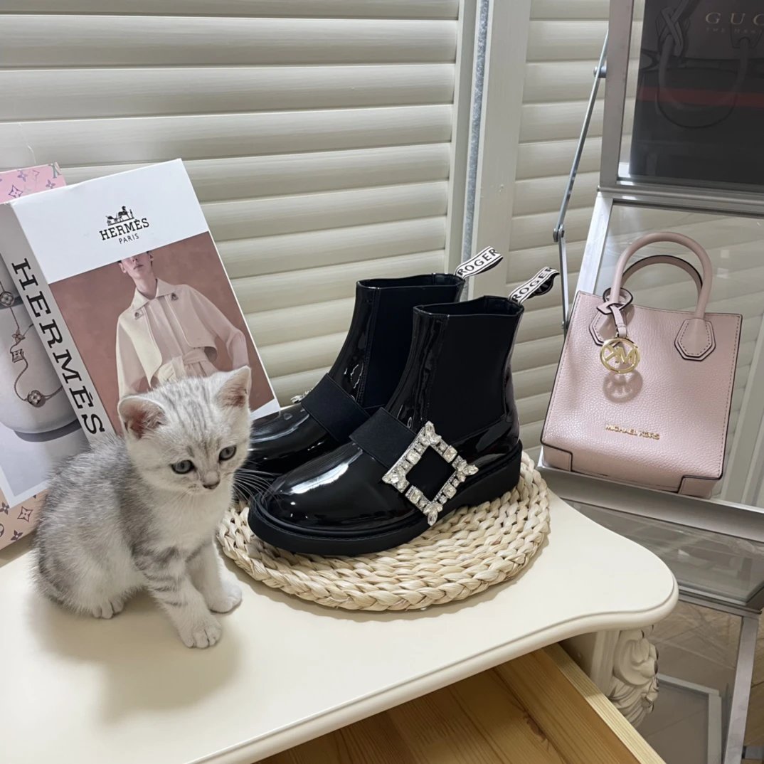 Roger Vivier Crystal Buckle Black Patent Boots
