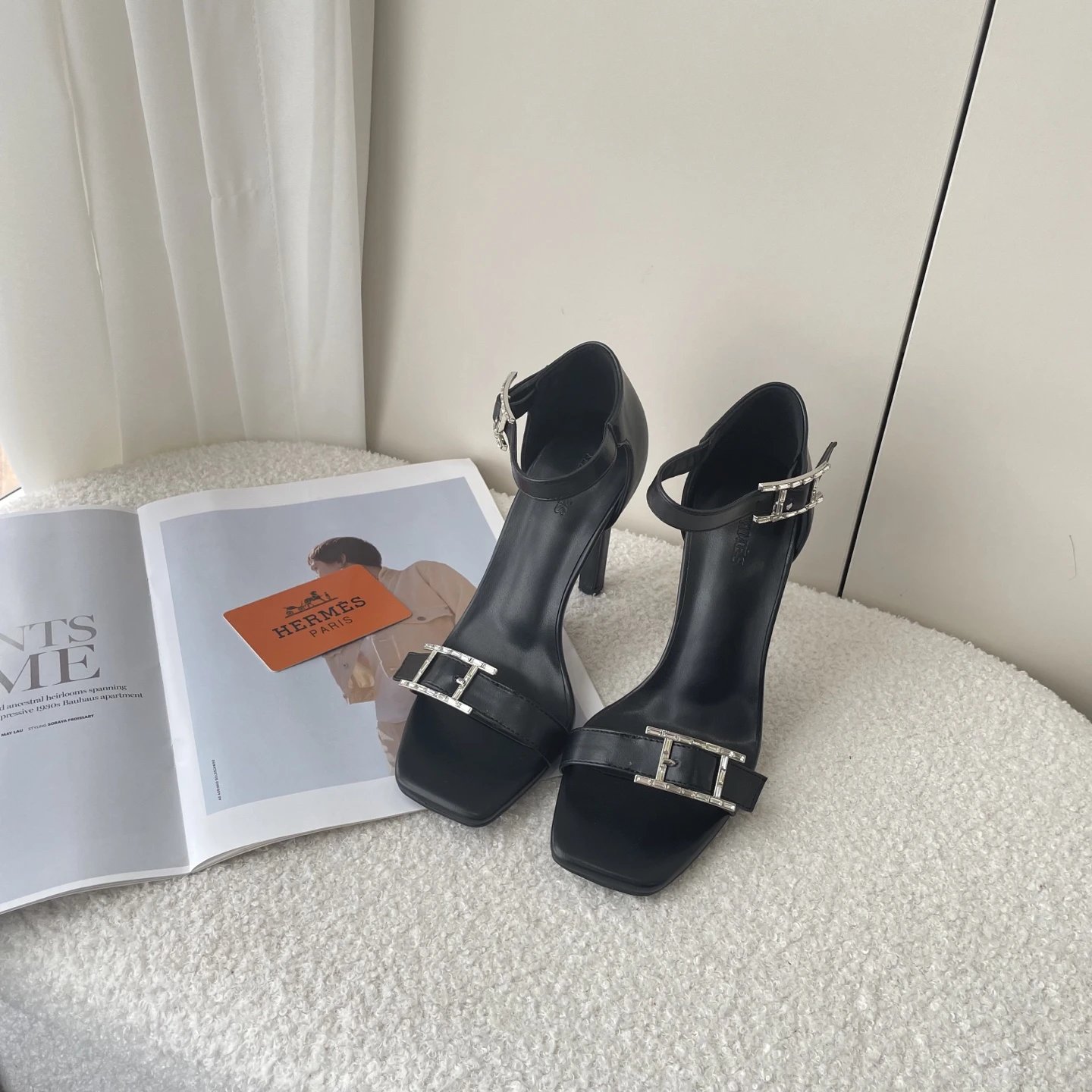Hermes Black Leather H Buckle High Heel Sandals Women