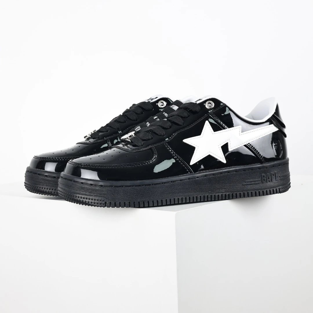 BAPE Black Patent Leather Star Sneakers Urban Style