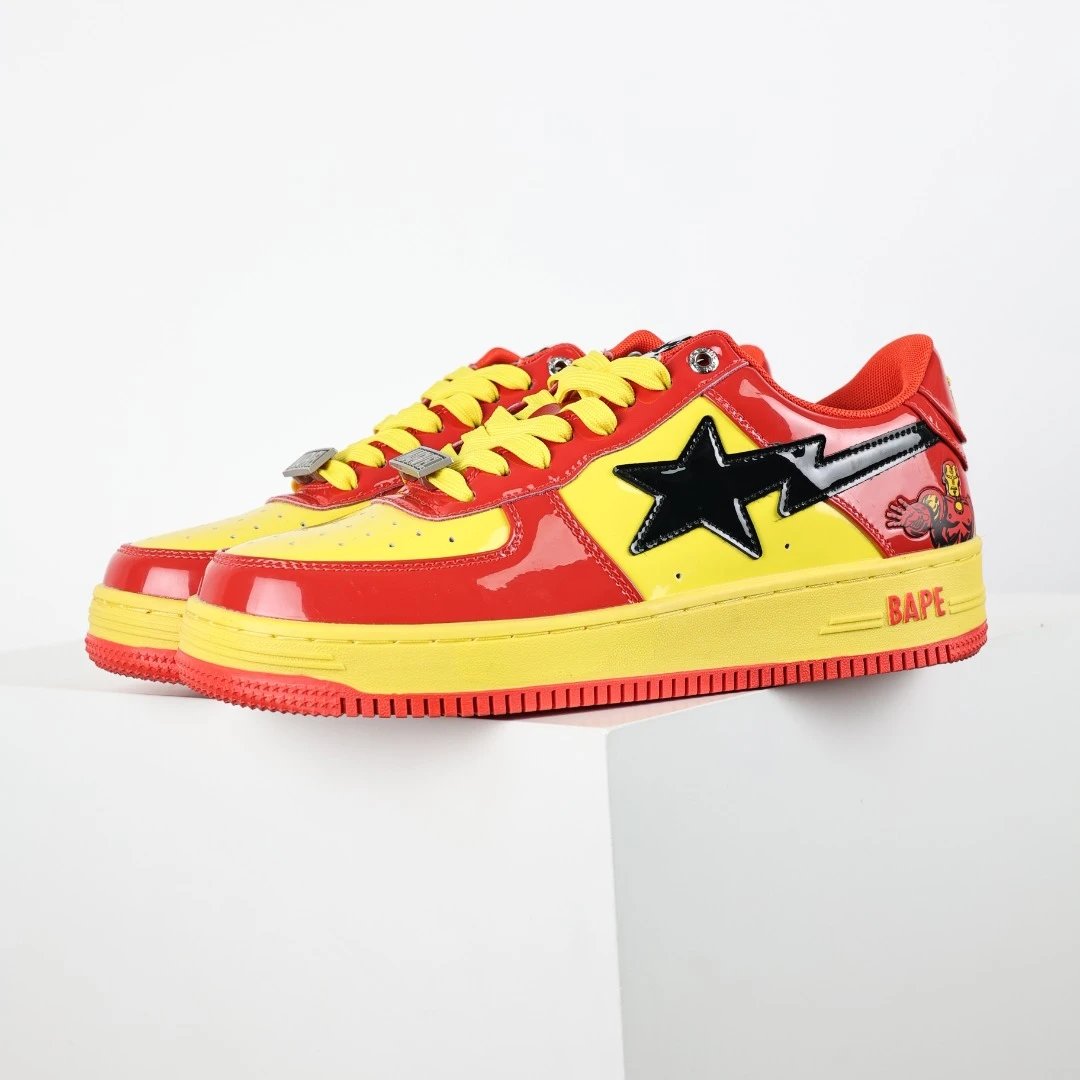 BAPE Red Yellow Patent Leather Star Sneakers Shoes