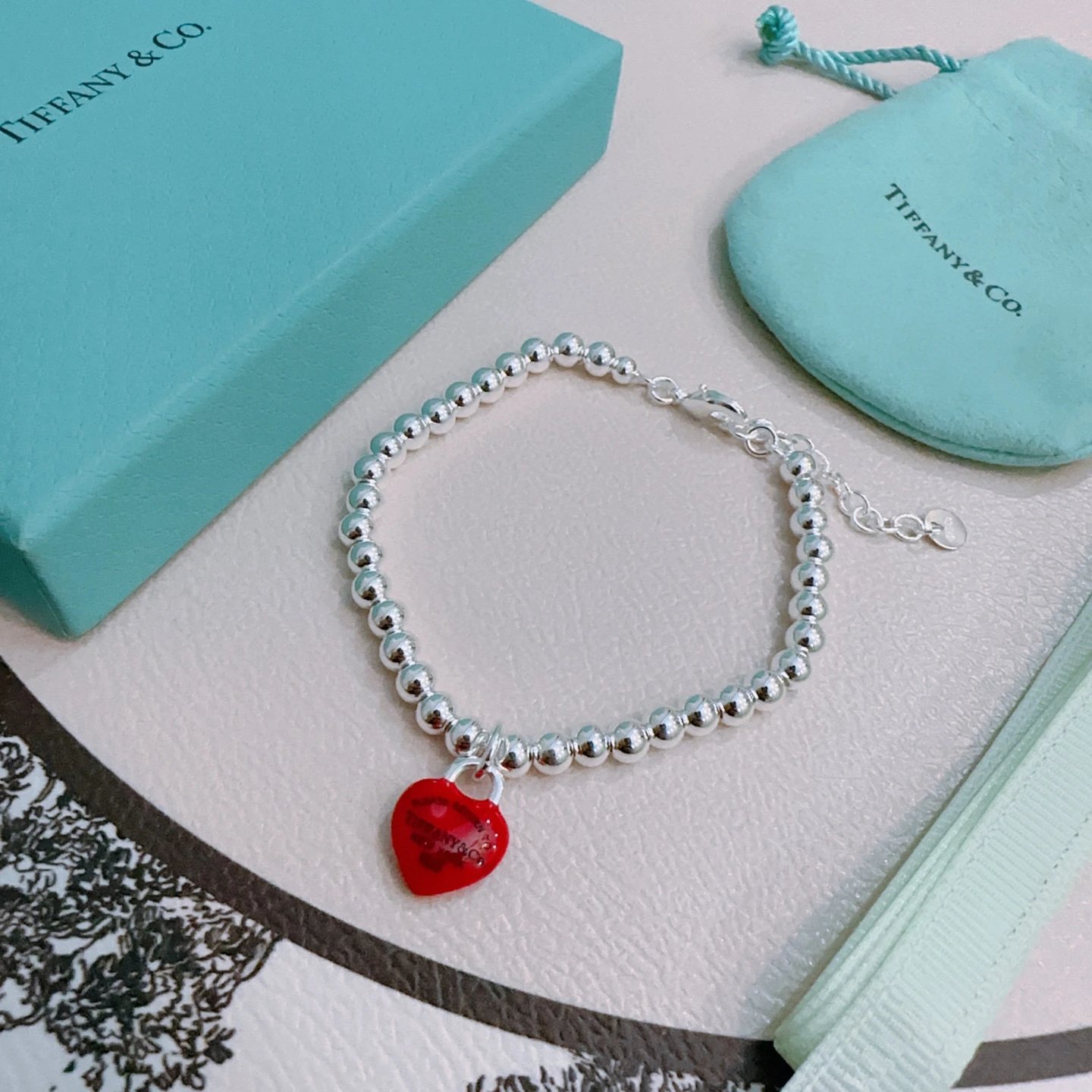 Tiffany Silver Bead Bracelet Red Heart Charm