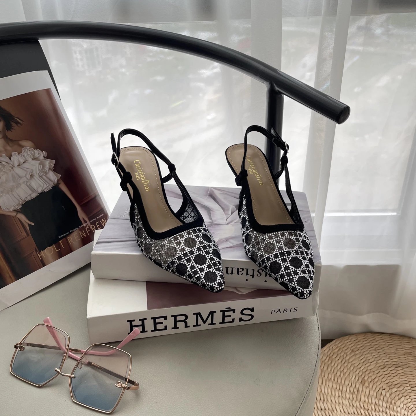Dior Elegant Lace Slingback Heels Black White Shoes
