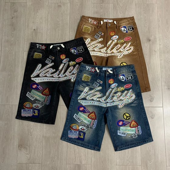 Colorful Rhinestone Letter Embroidery Pattern Denim Shorts Unisex High Street Straight Leg Five-Inch Shorts