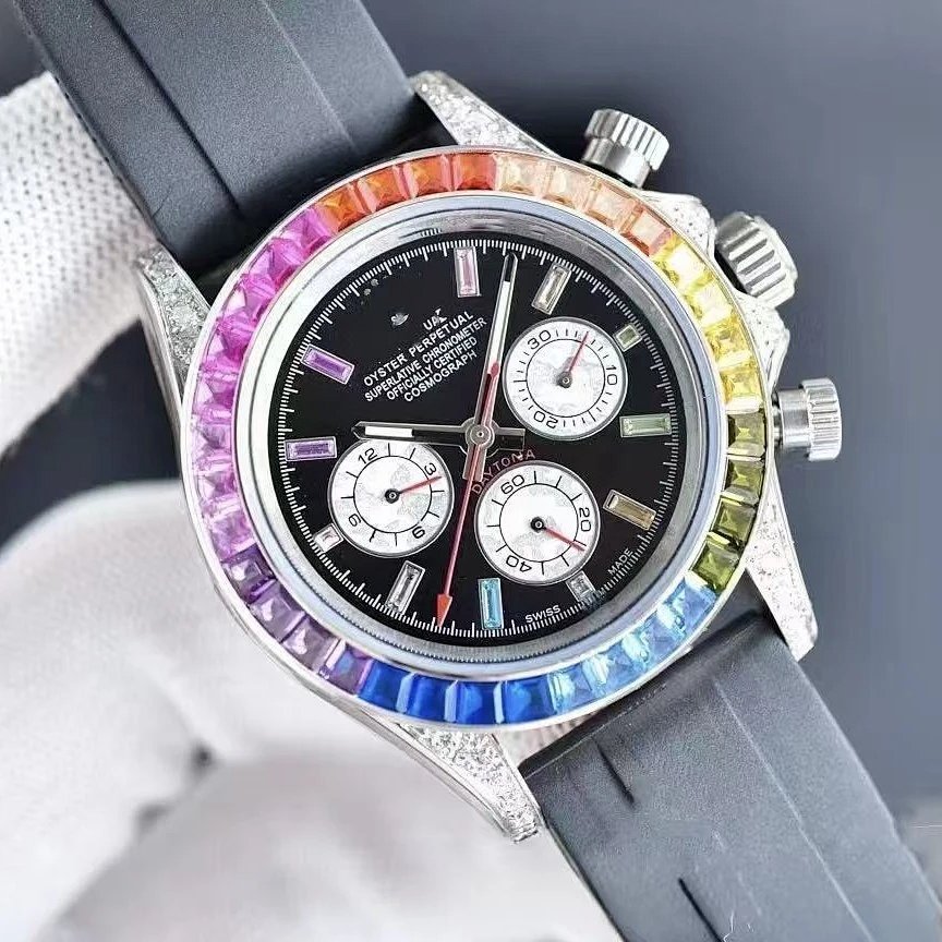 Men's Automatic Chronograph Watch, Rainbow Bezel, Steel Bracelet