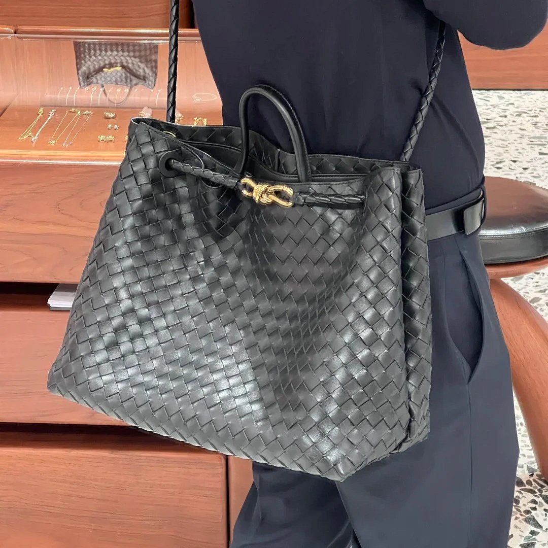 Large Handwoven Genuine Leather Tote Bag - High Capacity Shoulder & Crossbody Travel Bag