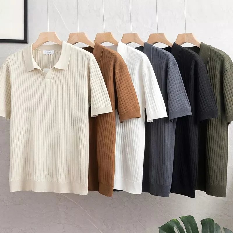 Light Luxury Minimalist Pleated Drape Stripe Silk Knit Polo Shirt for Men, Summer Casual Short Sleeve