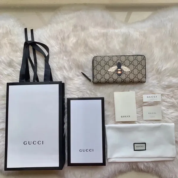 Gucci GG Marmont Bee Motif Long Wallet Beige Canvas - 49