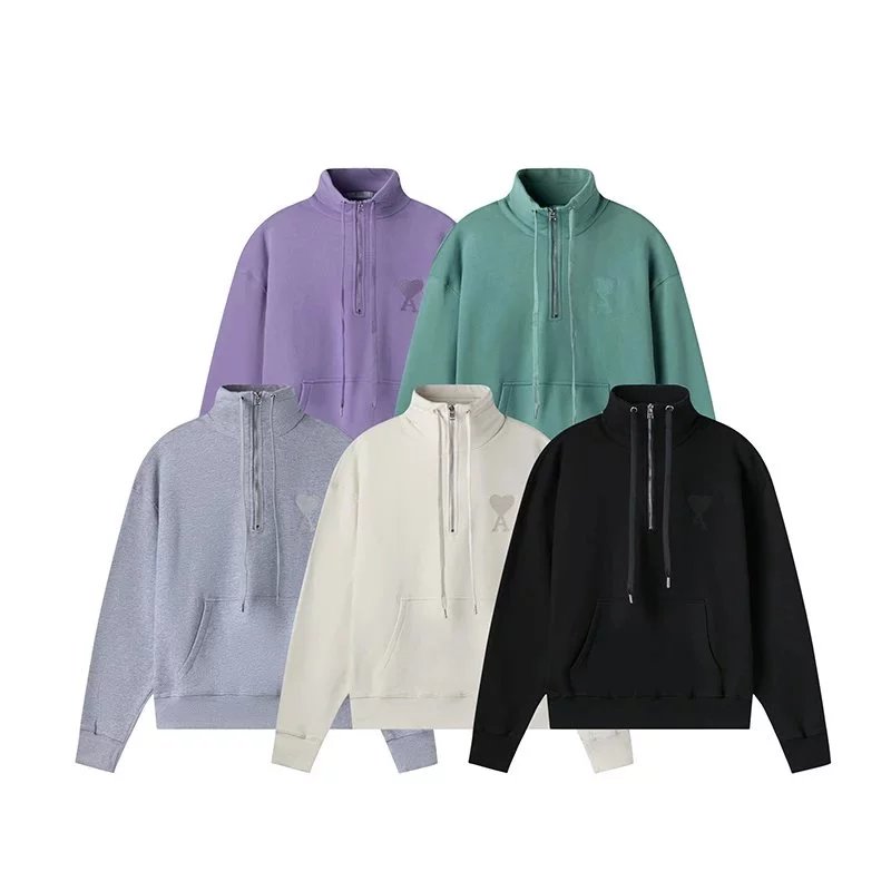 AMI Paris Hoodies & Sweatshirts Half-Zip High-Neck Hoodie with Heart Monogram image 2