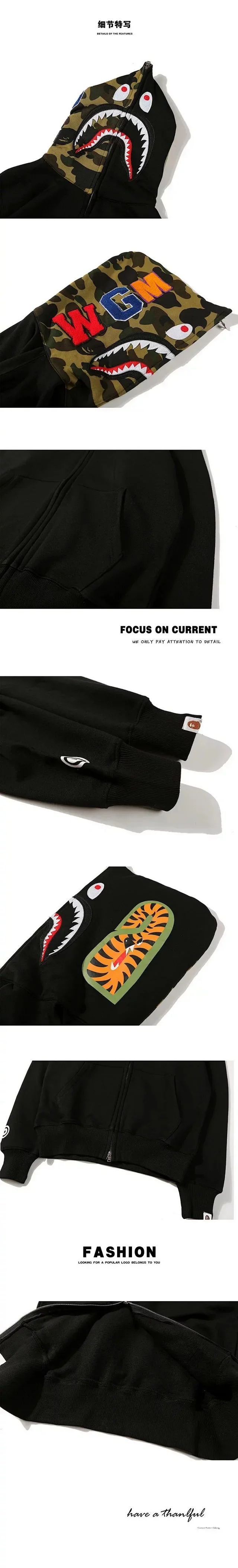 Unbranded Hoodies & Sweatshirts Full-Zip Shark Face Camouflage Hooded Sweatshirt product detail image 4