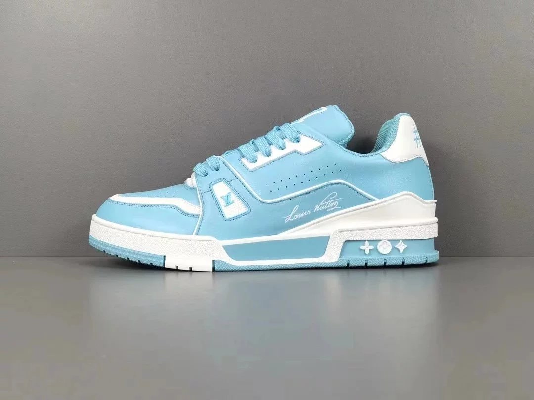 blue and white leather
