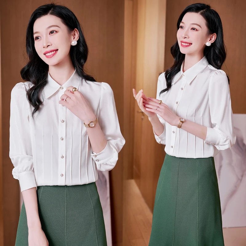 [Hangzhou Women's Clothing Source] Elegant silk shirt women's long-sleeved slim versatile professional tops new white shirt bottoming shirt
