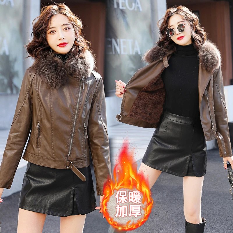 [Welfare clearance] Fashionable warm plus velvet thickened leather jacket Jurchen fur collar short slim slim jacket