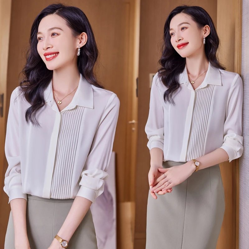 [Hangzhou Women's Clothing Source] Elegant and elegant silk pleated long-sleeved shirts for women's professional wear, slim and versatile tops