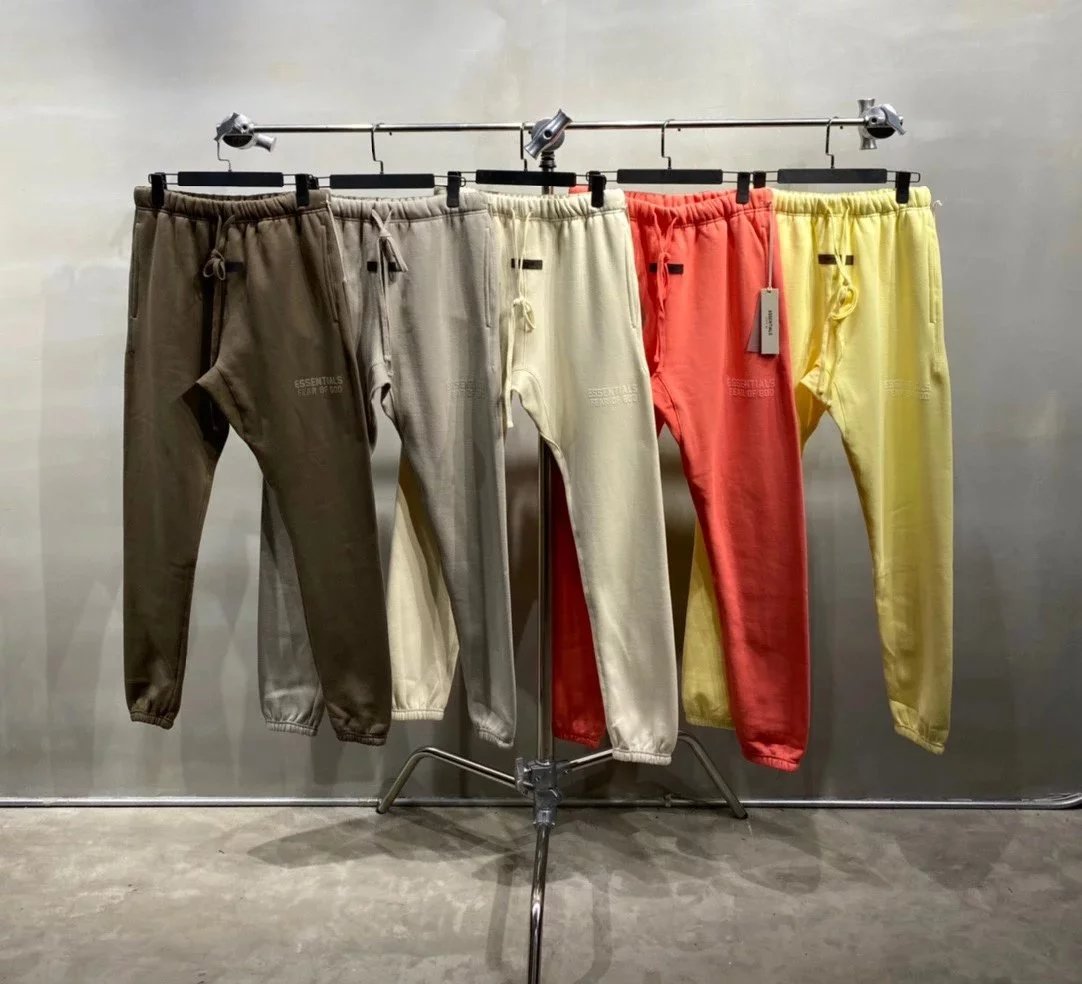 Clearance, No Returns! May Day Special: ESS22 Small Logo Double Row Flocked Letter Joggers with Fleece Lining. Electrostatic Flocking Letter Print.