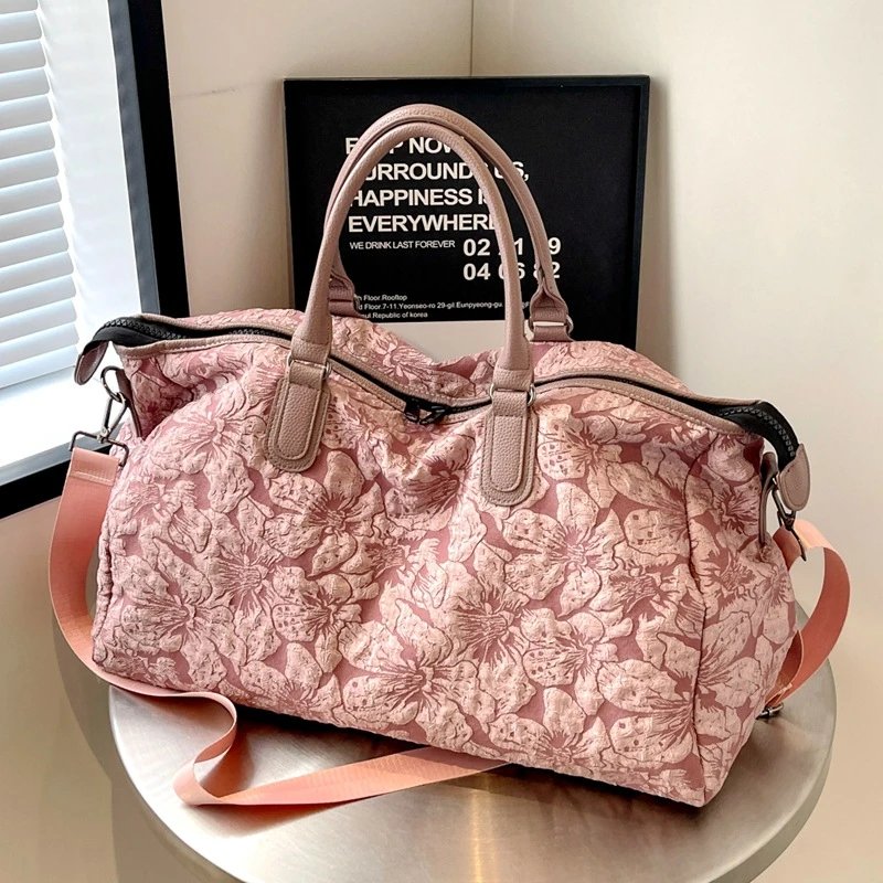Pink Floral Travel Duffle Bag with Detachable Strap
