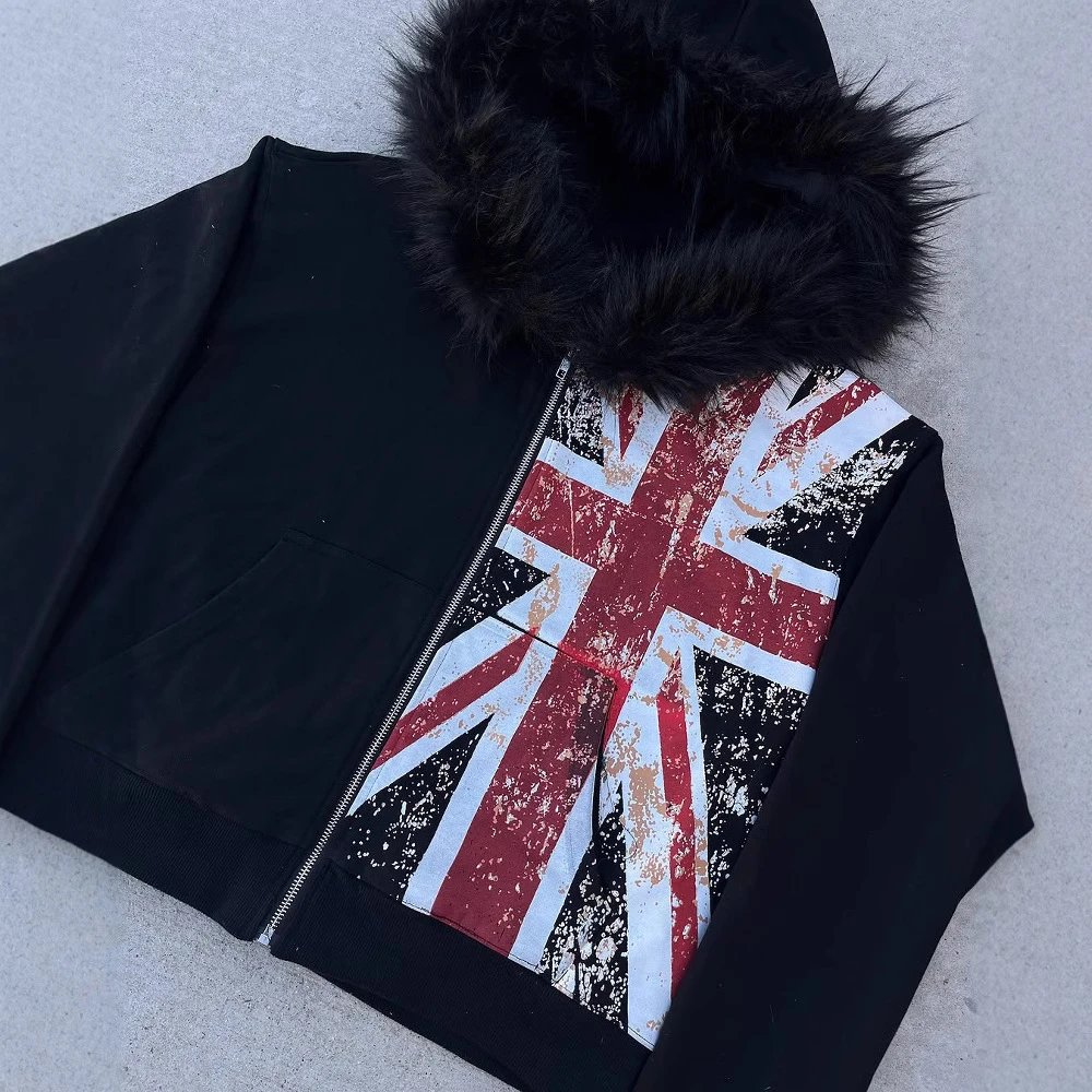 European and American wholesale ins fur collar printed zipper sweatshirt long sleeved pullover hoodie retro jacket street trend