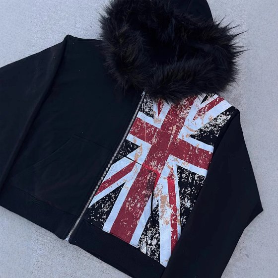 European and American wholesale ins fur collar printed zipper sweatshirt long sleeved pullover hoodie retro jacket street trend