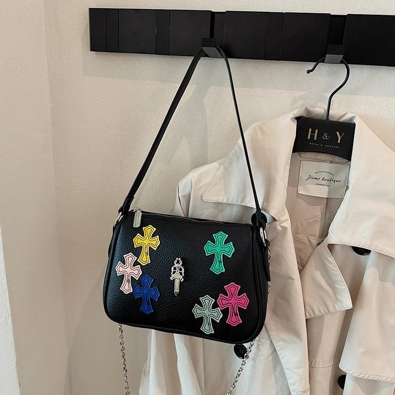 Black Cross Embellished Shoulder Bag