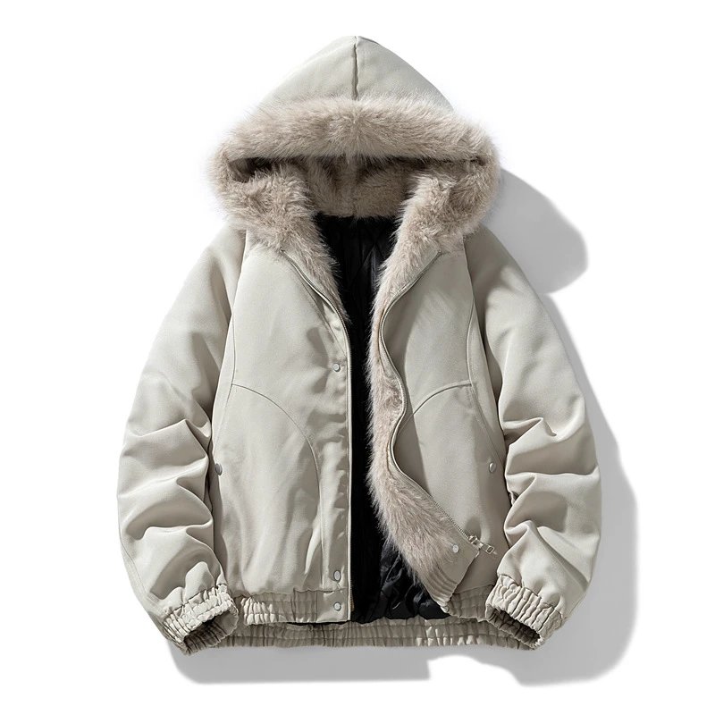 American Eagle Hooded Bomber Jacket Faux Fur Trim Beige