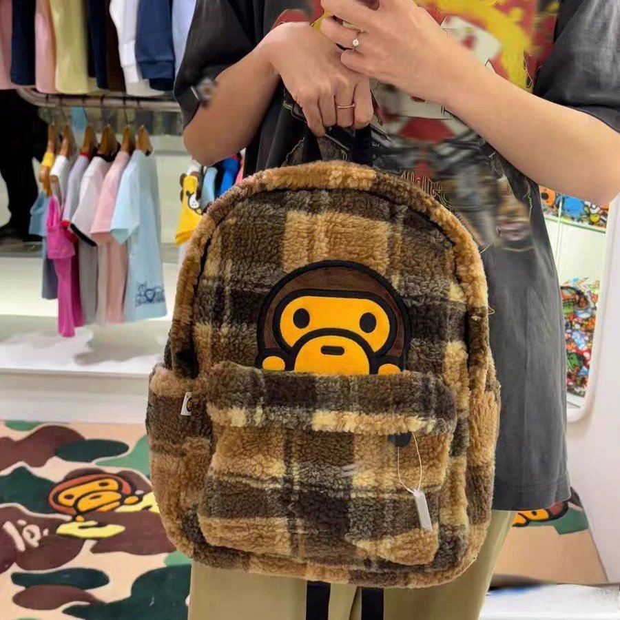 Grid cartoon monkey bag autumn and winter plush leisure travel student backpack backpack backpack backpack