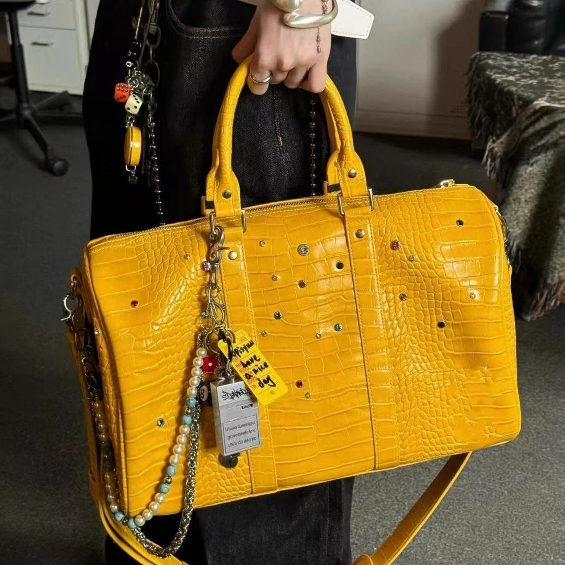Yellow Crocodile Texture Travel Duffle Bag