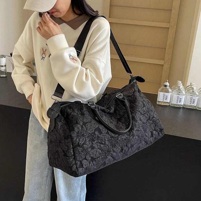 Black Floral Pattern Duffle Bag Casual Style