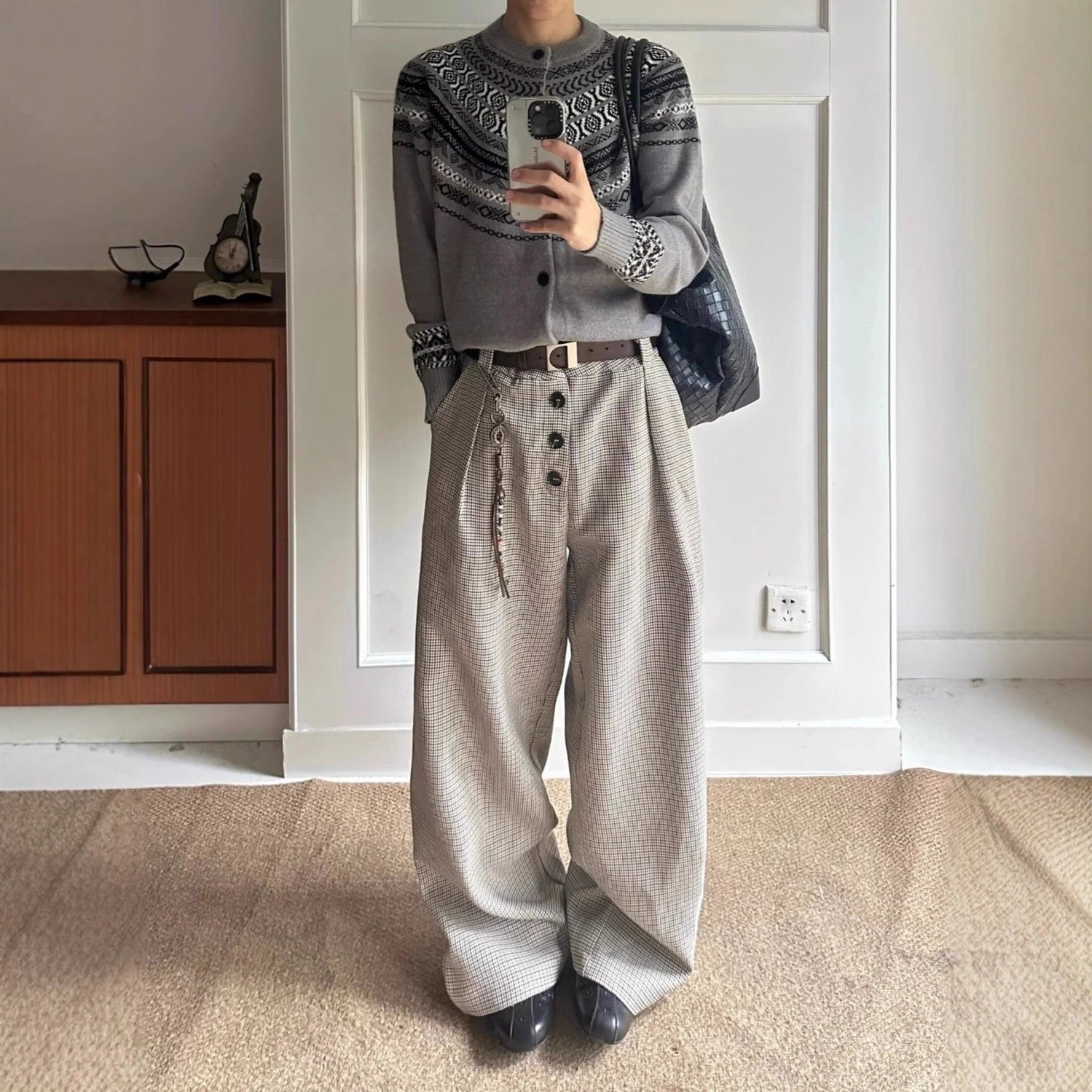 Thousand-Bird Checkered Wide-Leg Trousers
