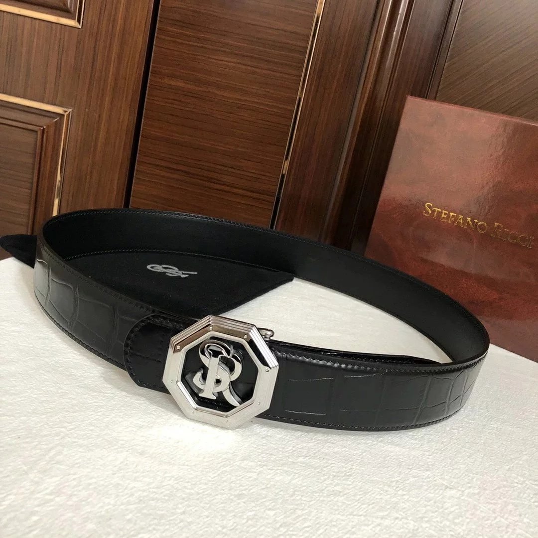 Stephen Crocodile Pattern Leather Belt Silver Buckle