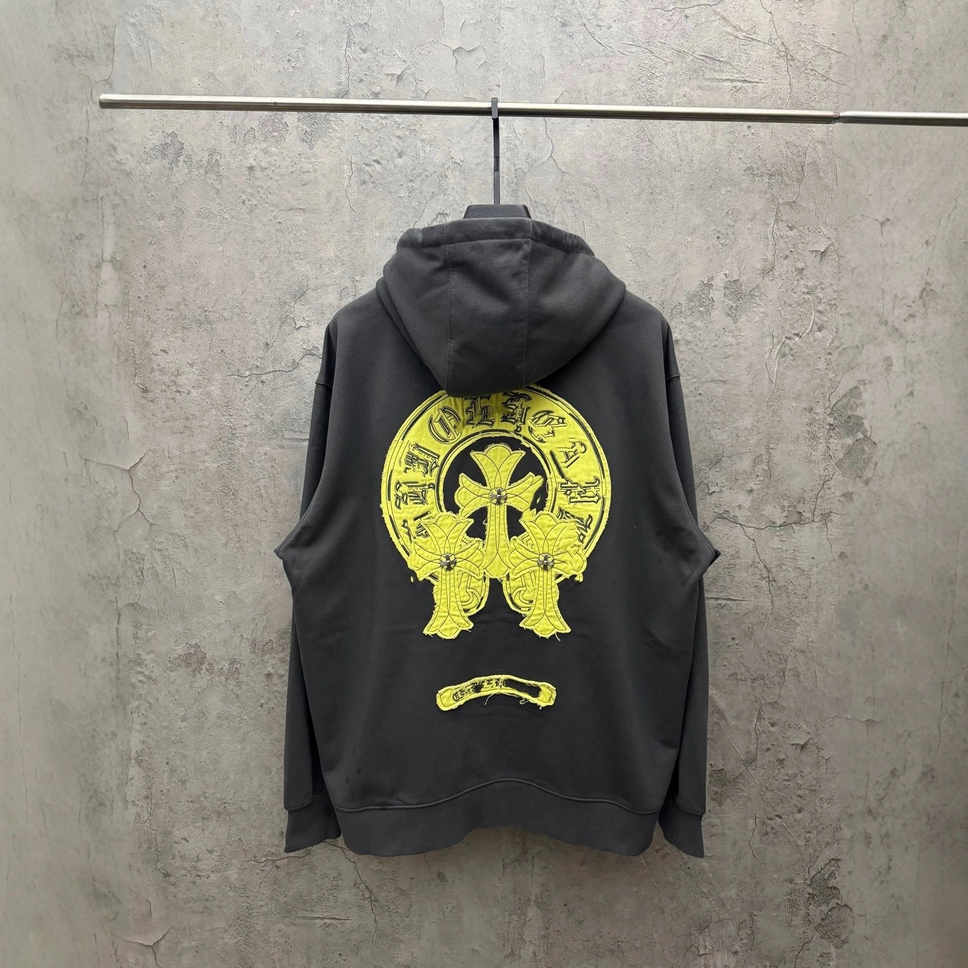Black Hoodie With Yellow Embro