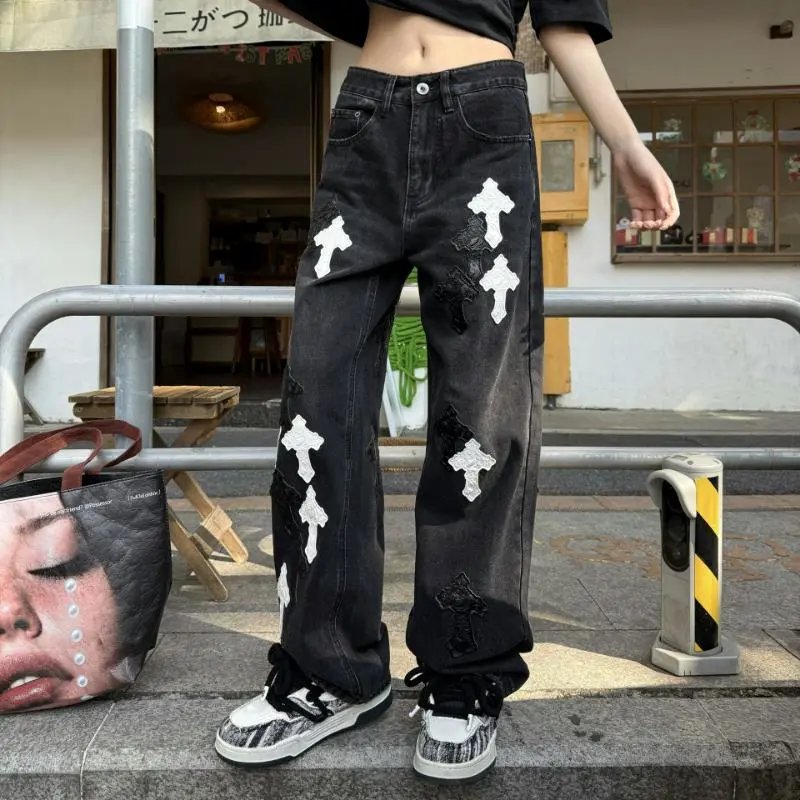 Black Cross Patched Denim Wide