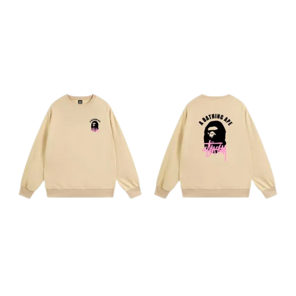 Stussy x A Bathing Ape Logo Graphic Beige Hoodie - 17