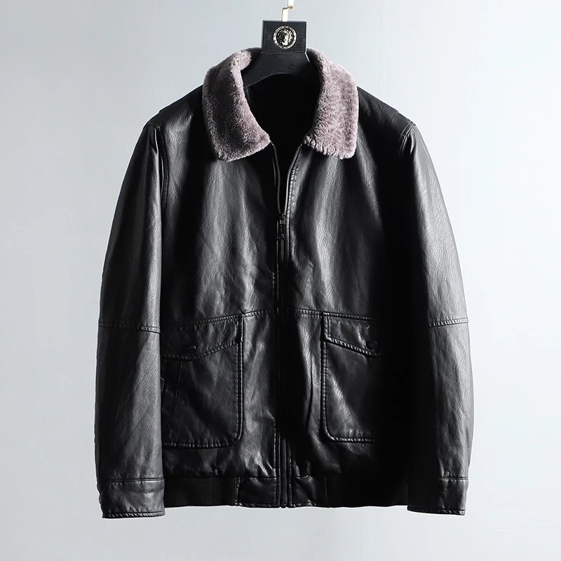 Genuine Leather Jacket Real Fur Collar Metal Thread