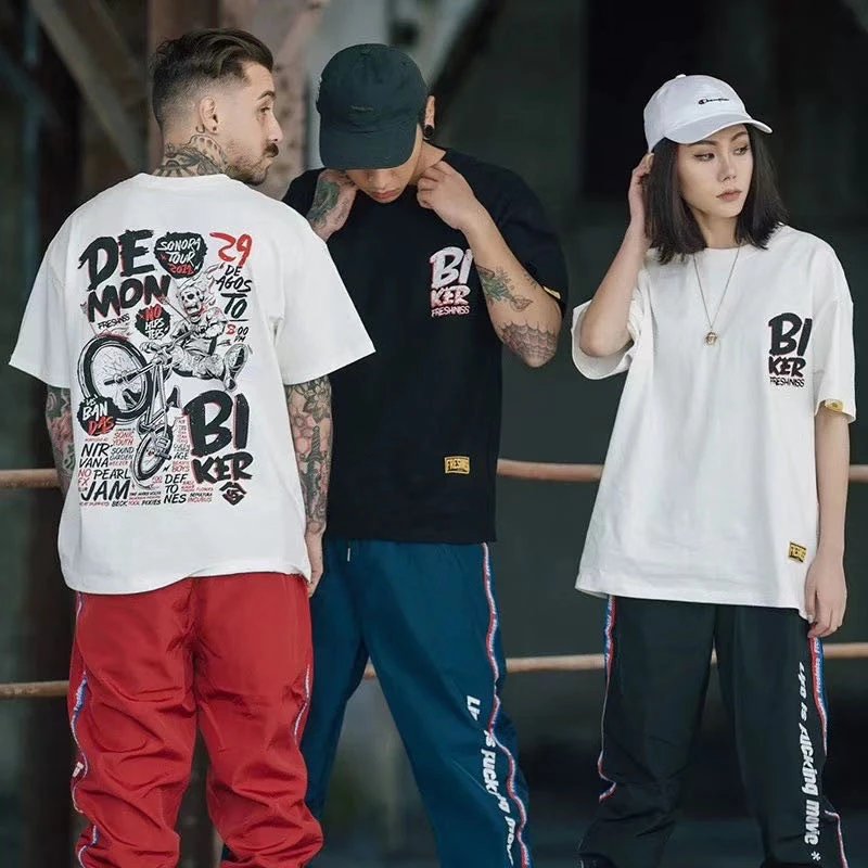 American Street Hip-Hop Loose Floral Letter T-Shirt Couples Tee