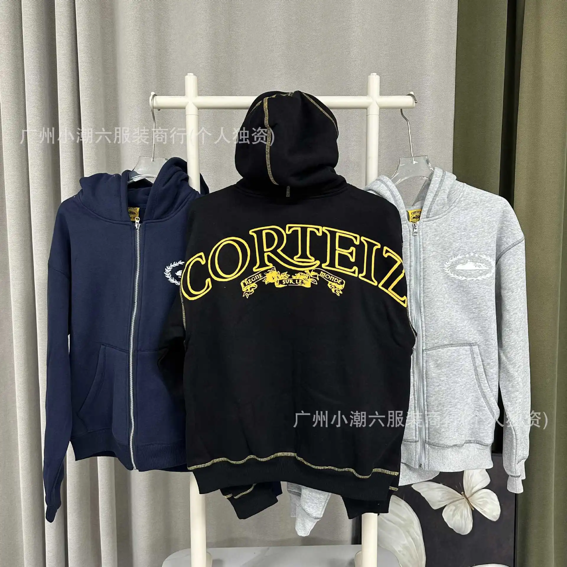 Corteiz Alcatraz retro print beauty high street loose cardigan hooded sweatshirt casual trousers suit for men