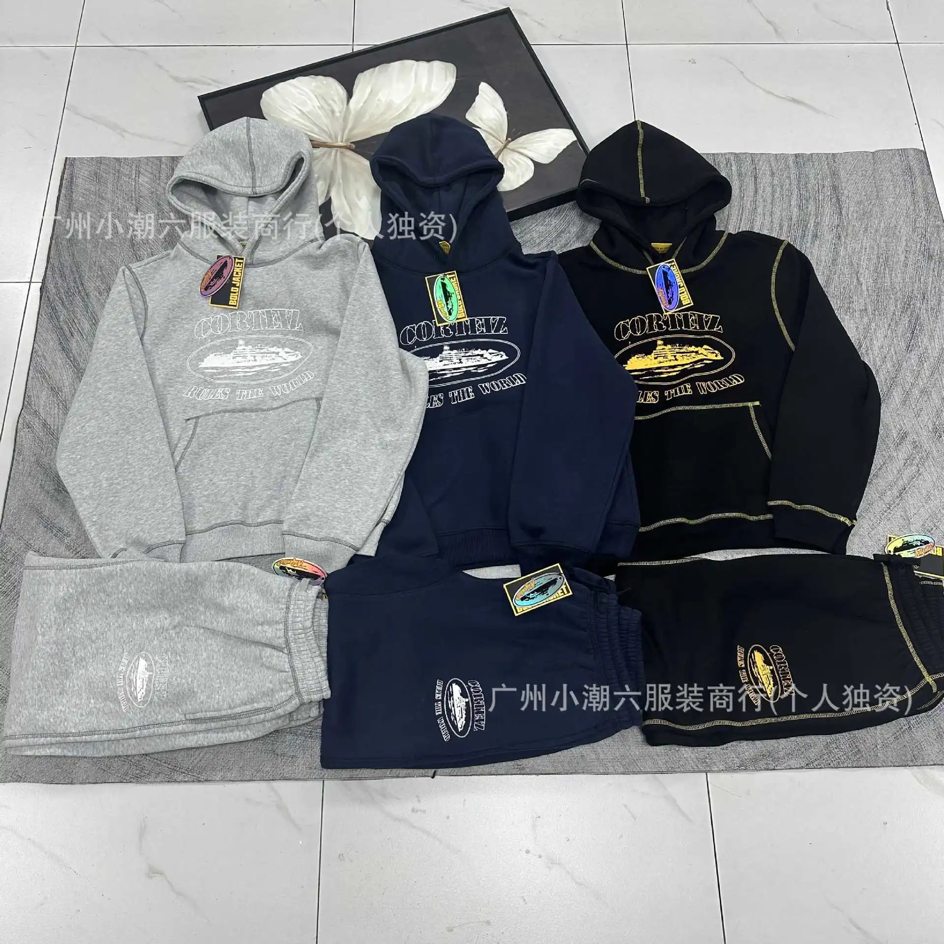 Corteiz Alcatraz retro print beauty high street loose cardigan hooded sweatshirt casual trousers suit for men