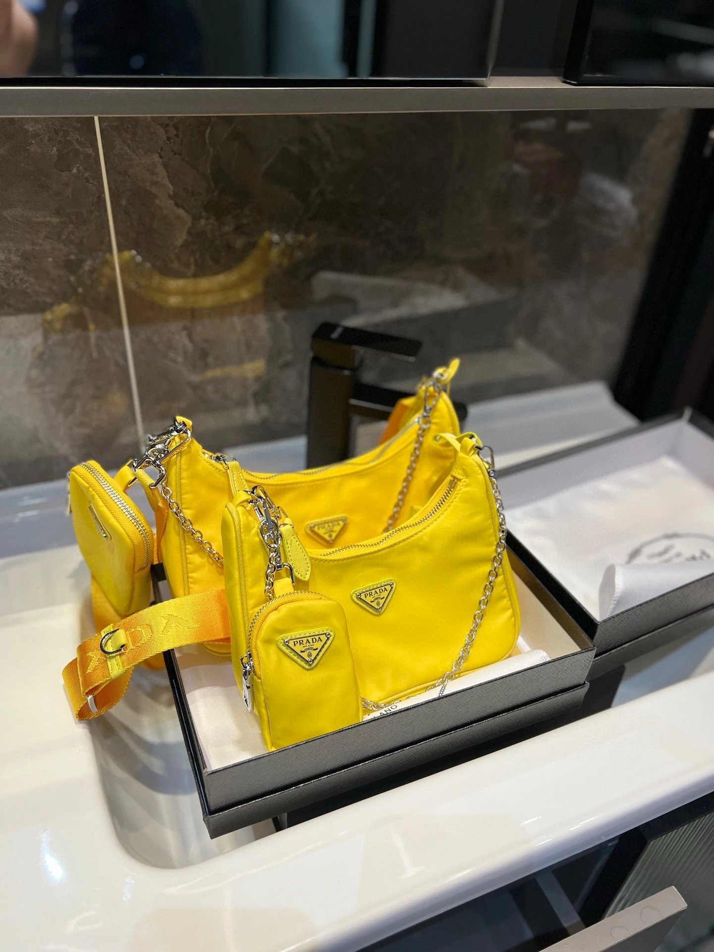 Prada Shoulder Bags Nylon bag with triangle logo plaque and chain strap — 27