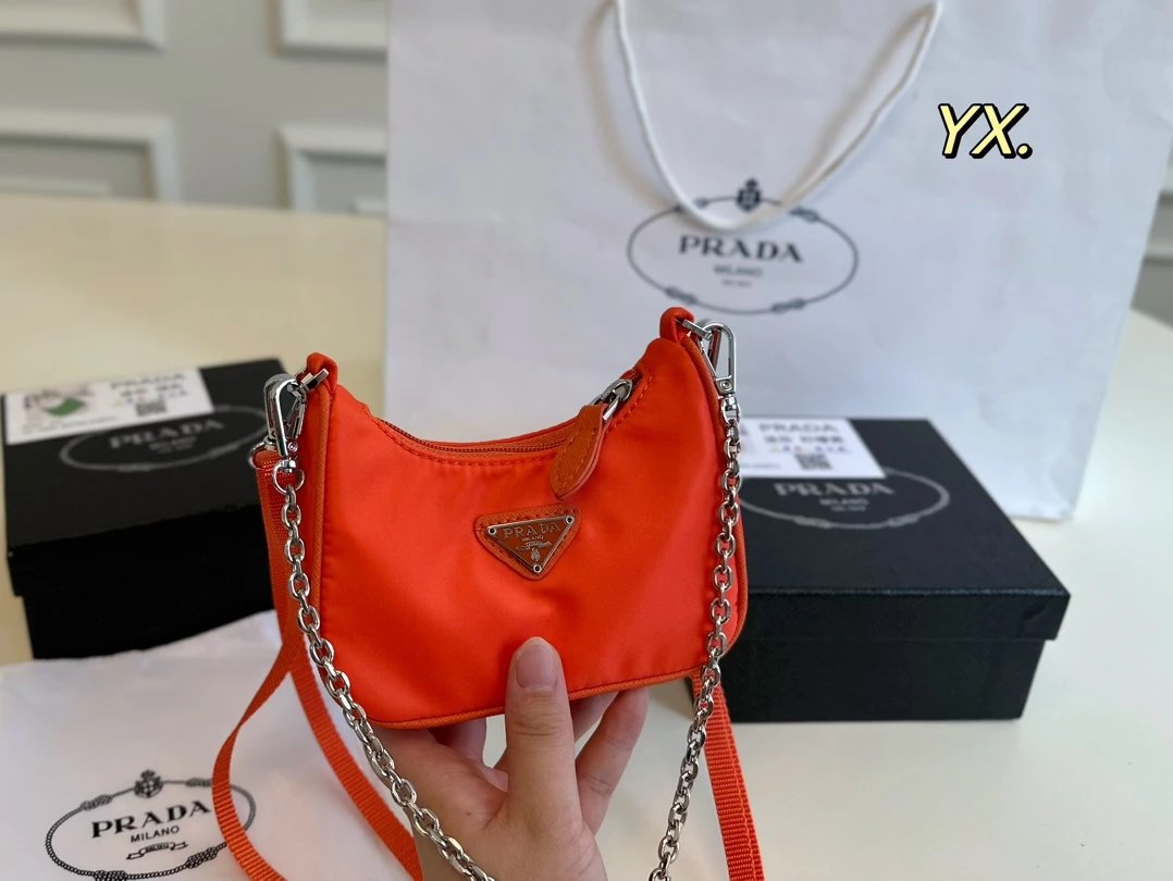 Prada Shoulder Bags Nylon bag with triangle logo plaque and chain strap — 8