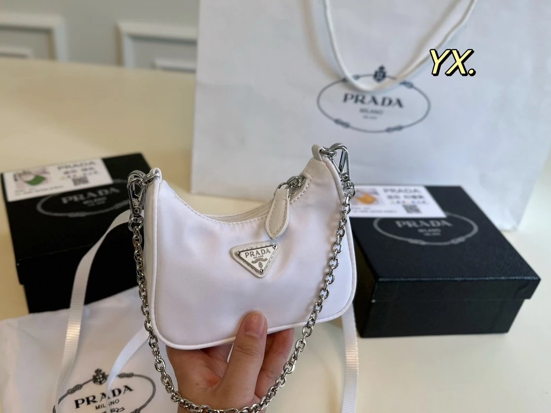 Prada Shoulder Bags Nylon bag with triangle logo plaque and chain strap — 9