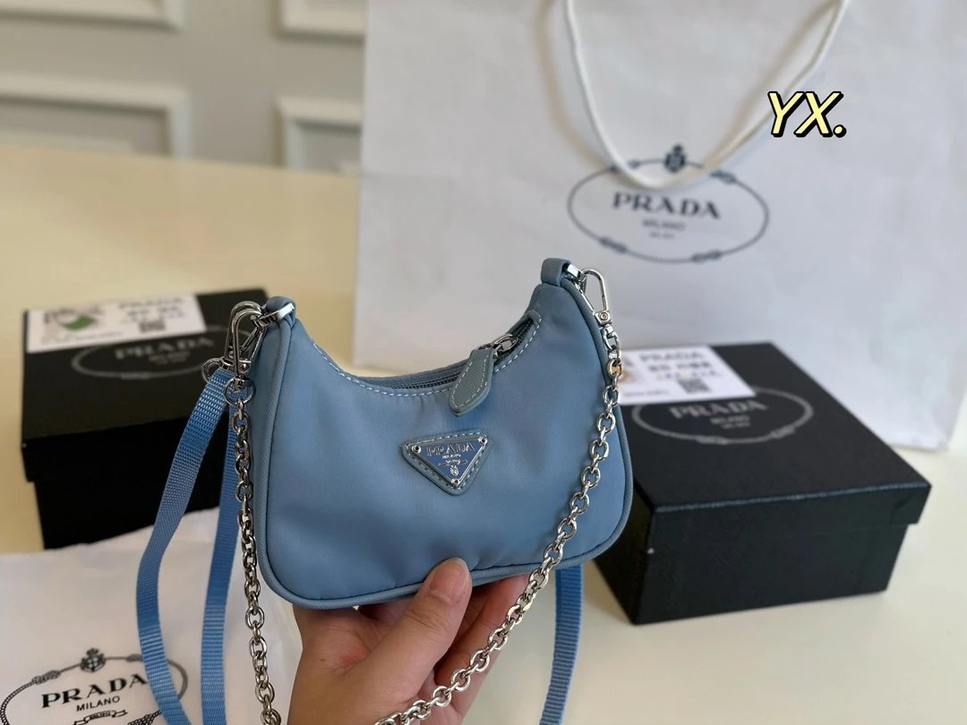Prada Shoulder Bags Nylon bag with triangle logo plaque and chain strap — 11