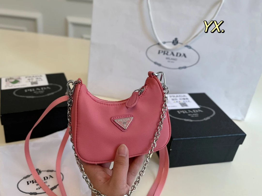 Prada Shoulder Bags Nylon bag with triangle logo plaque and chain strap — 5