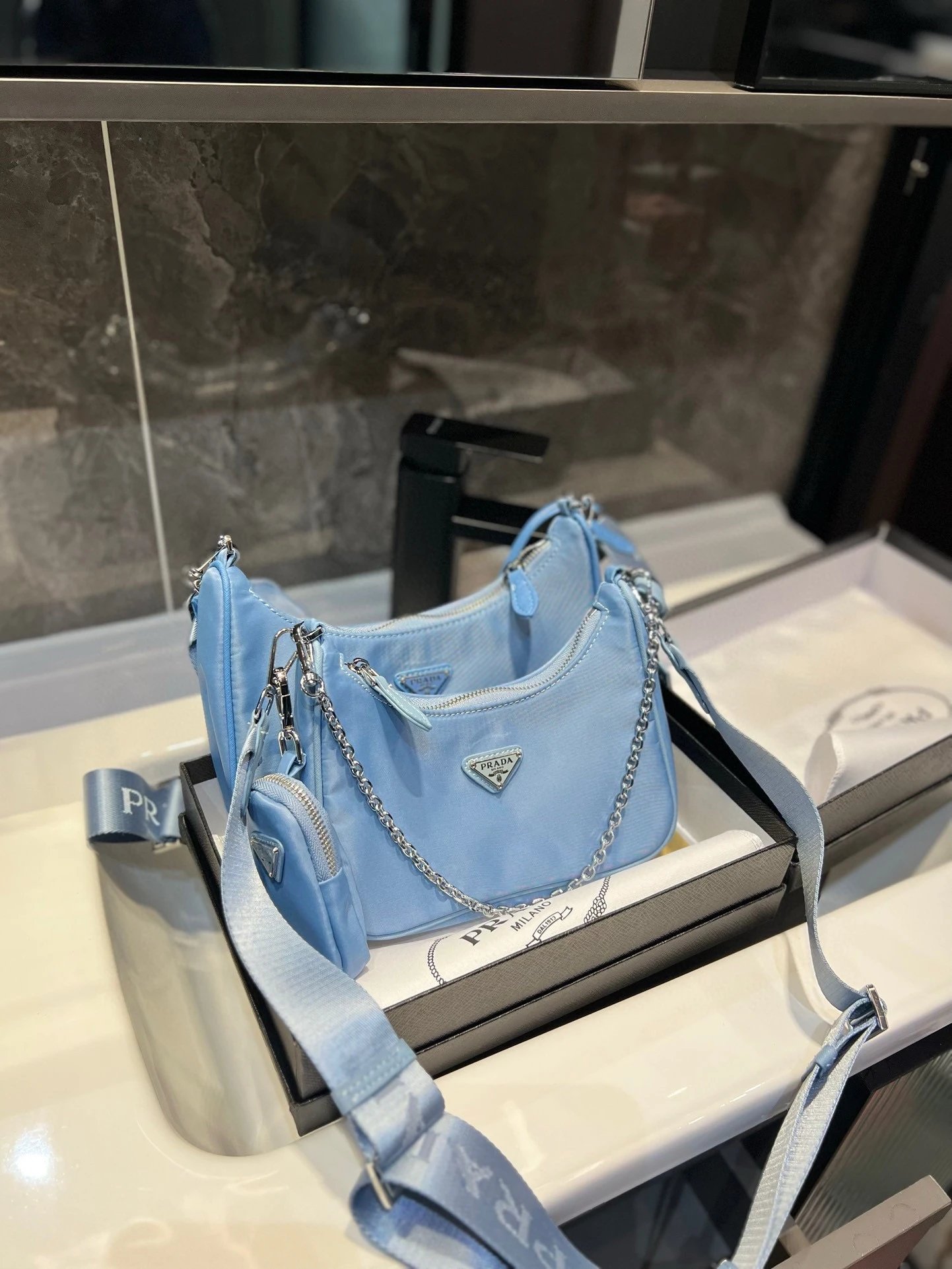 Prada Shoulder Bags Nylon bag with triangle logo plaque and chain strap — 34
