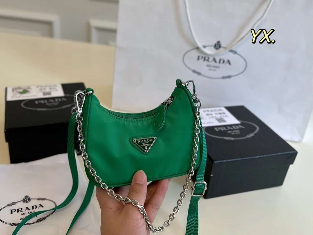Prada Shoulder Bags Nylon bag with triangle logo plaque and chain strap — 4