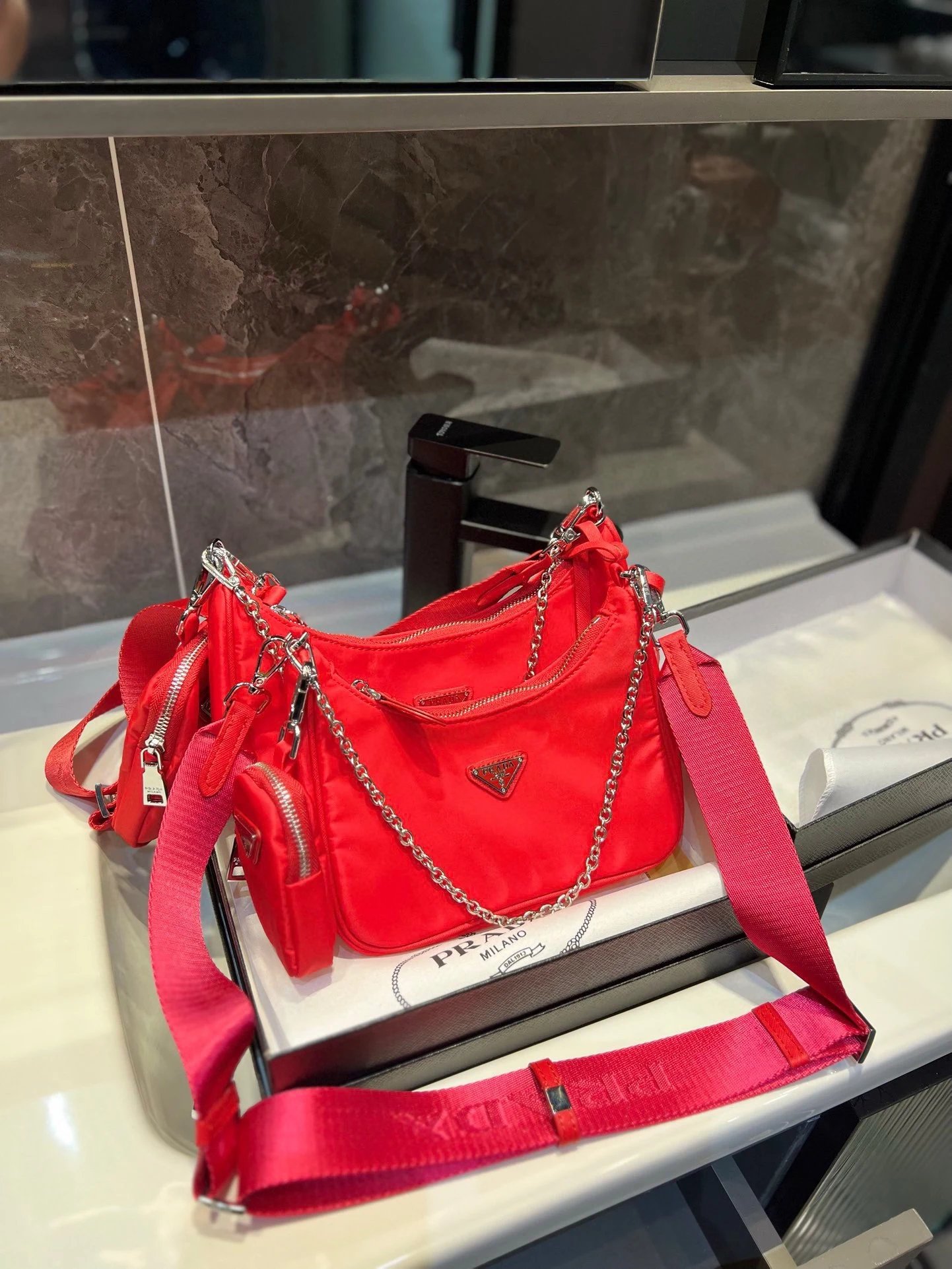 Prada Shoulder Bags Nylon bag with triangle logo plaque and chain strap — 29