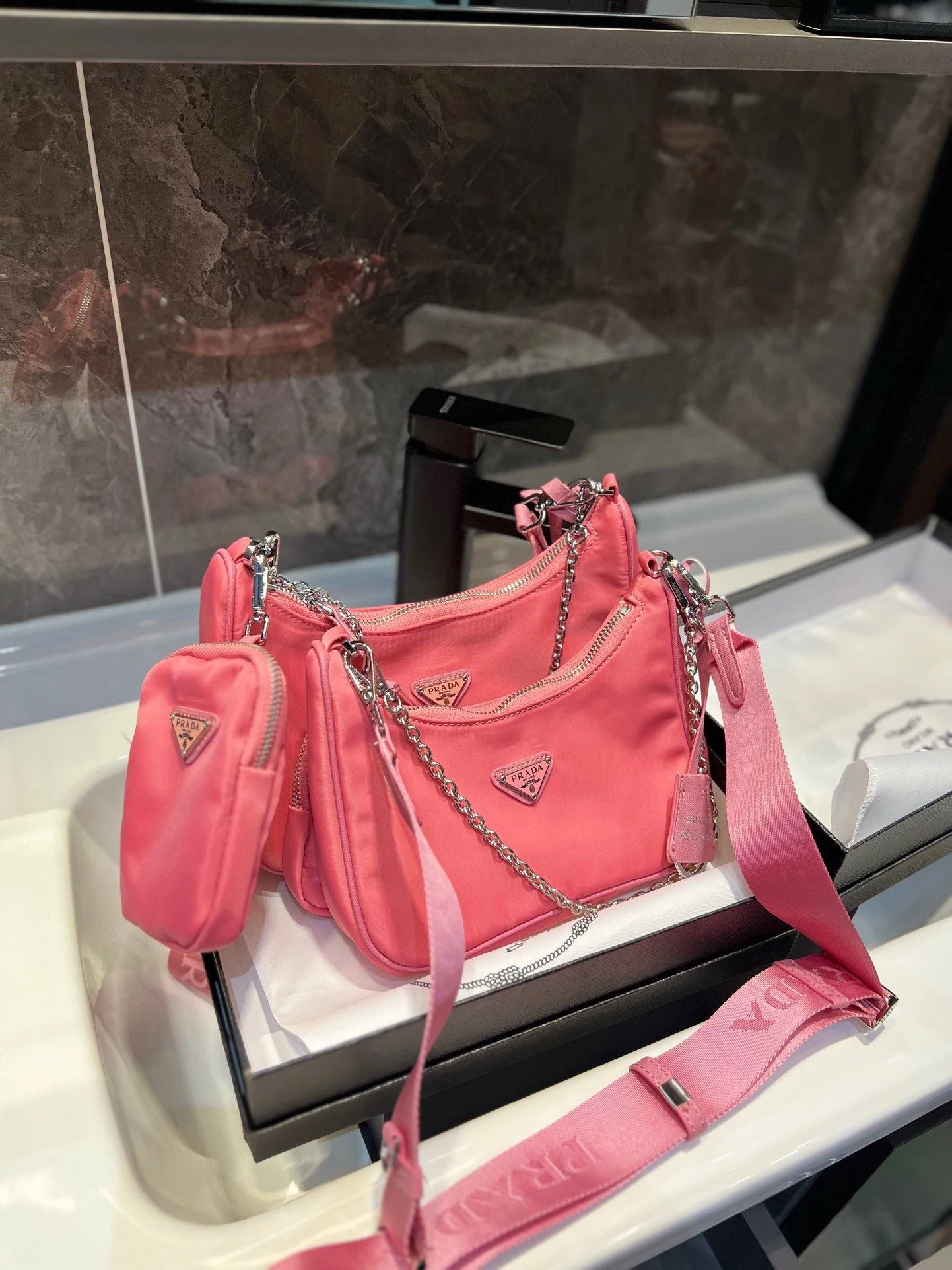 Prada Shoulder Bags Nylon bag with triangle logo plaque and chain strap — 32